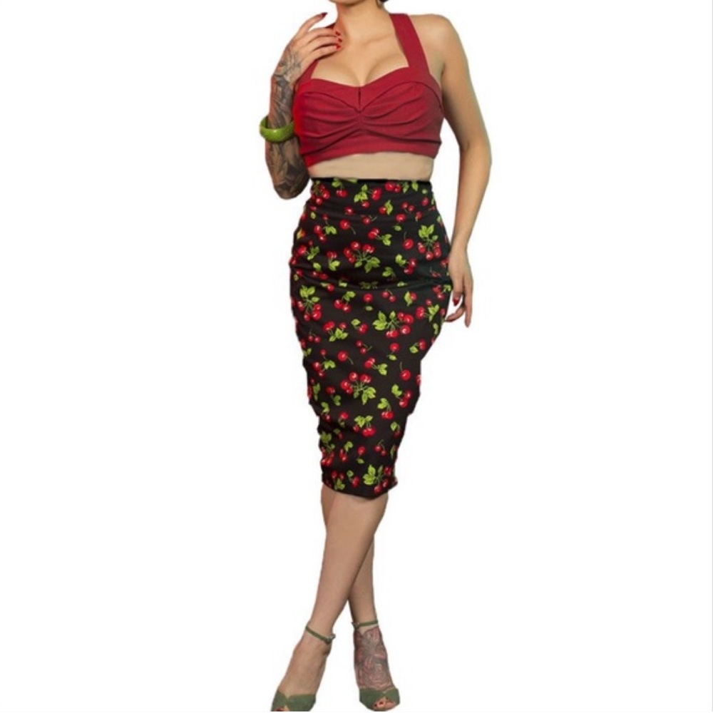 Pinup Couture - black cherry print pinup pencil skirt